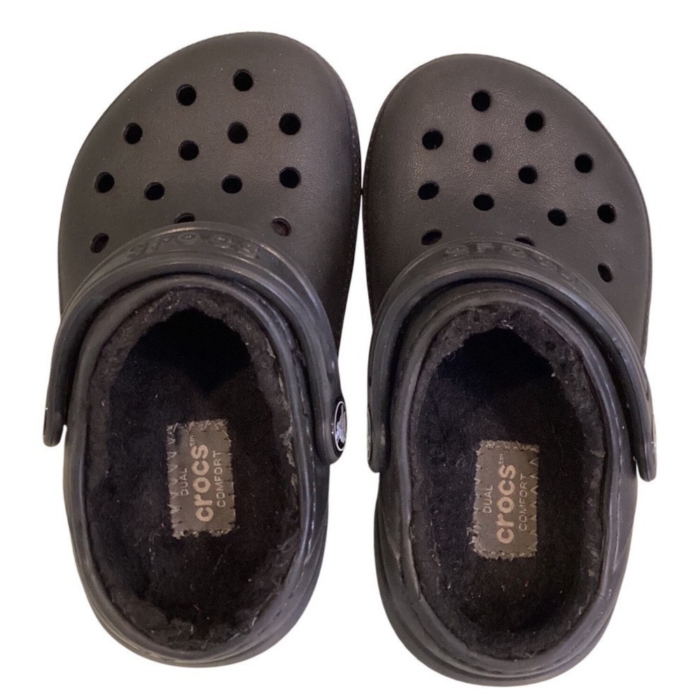 Crocs Kids Black Classic Fuzz Lined Clog Dual Comfort Slip On Shoes - Size C 8